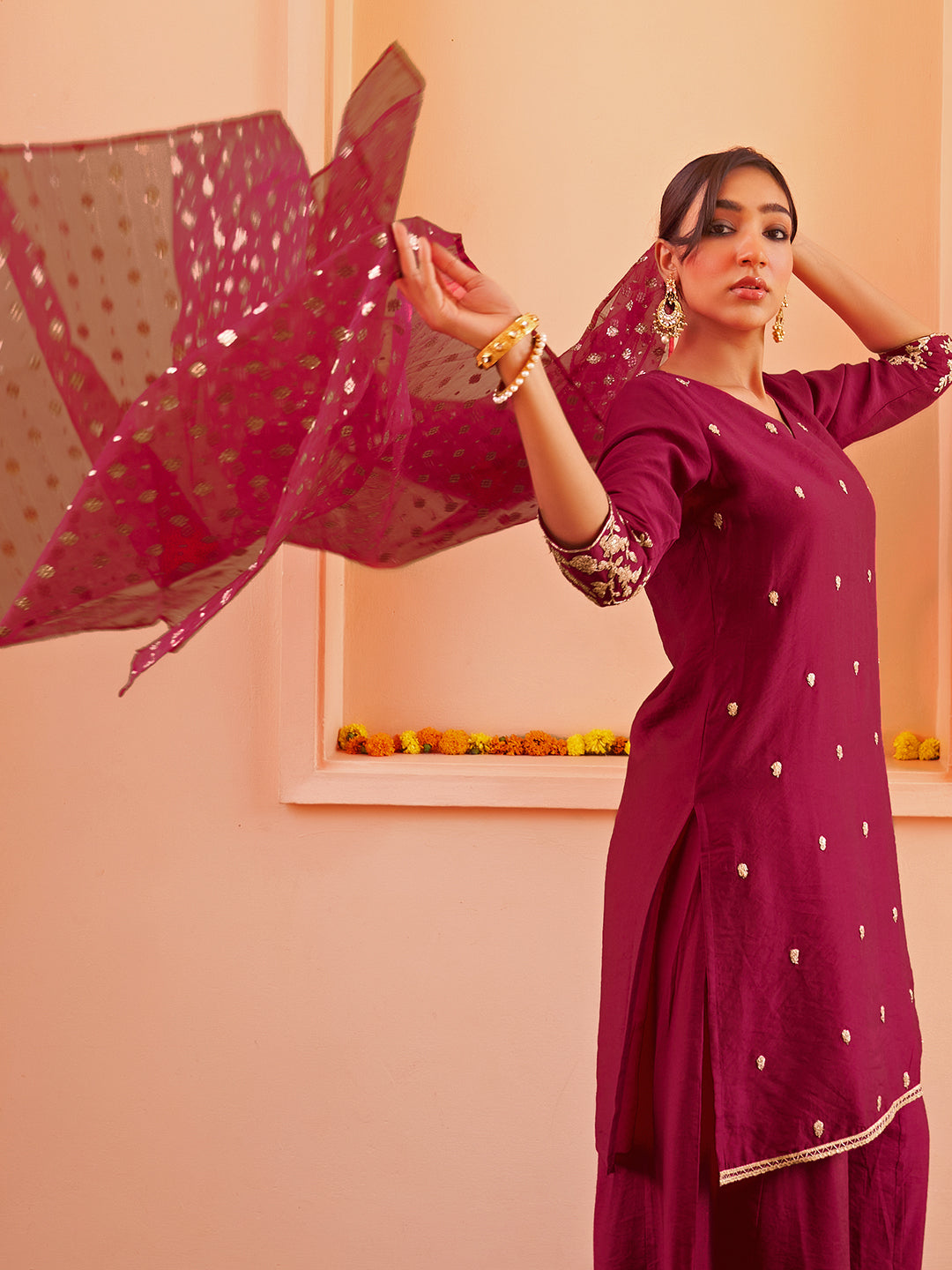 Janasya Women's Pink Chanderi Embellished Festive Straight Kurta Set | Swadesiicart