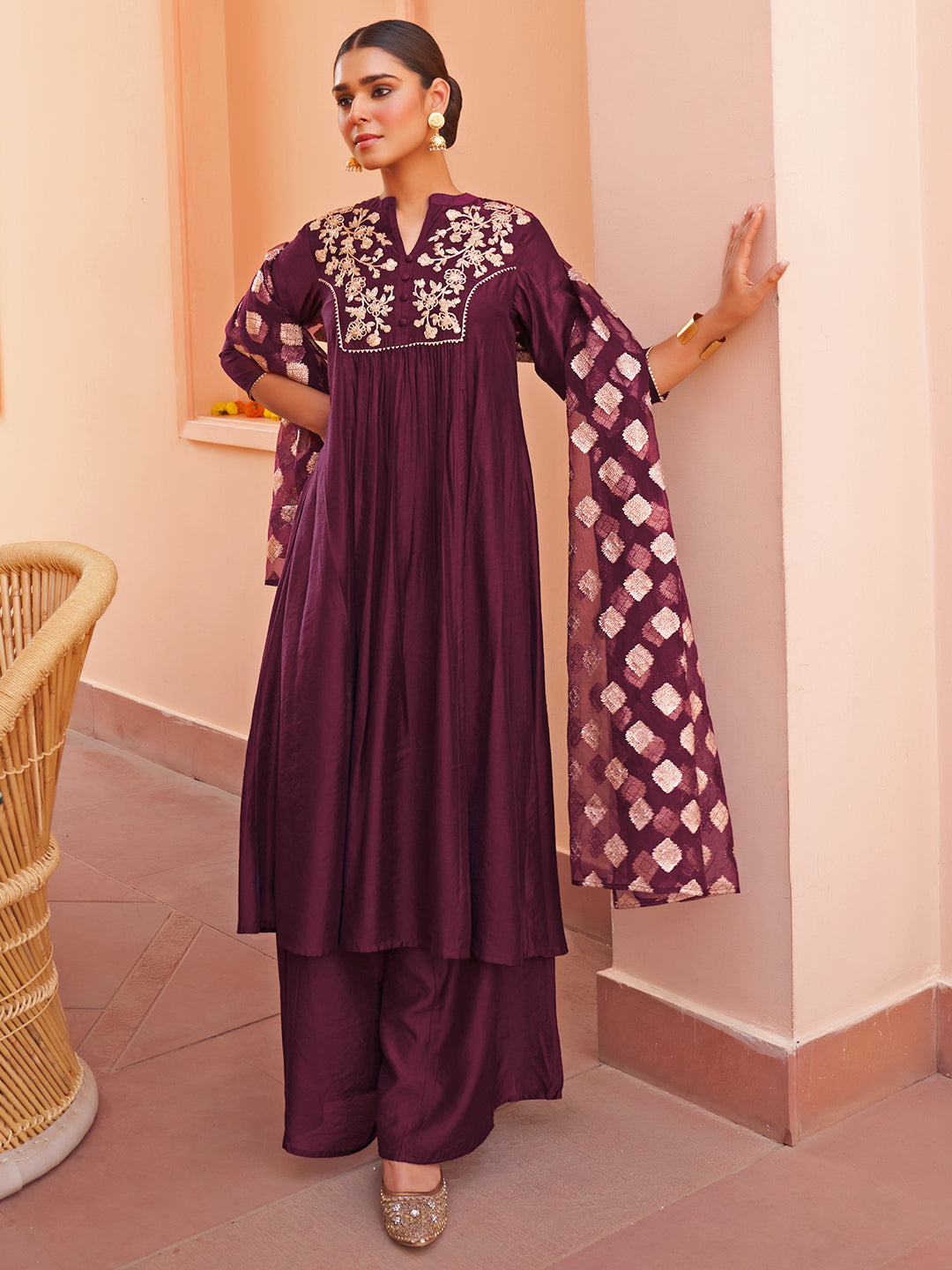Janasya Women's Purple Chanderi Embellished Festive A-line Kurta Set | Swadesiicart