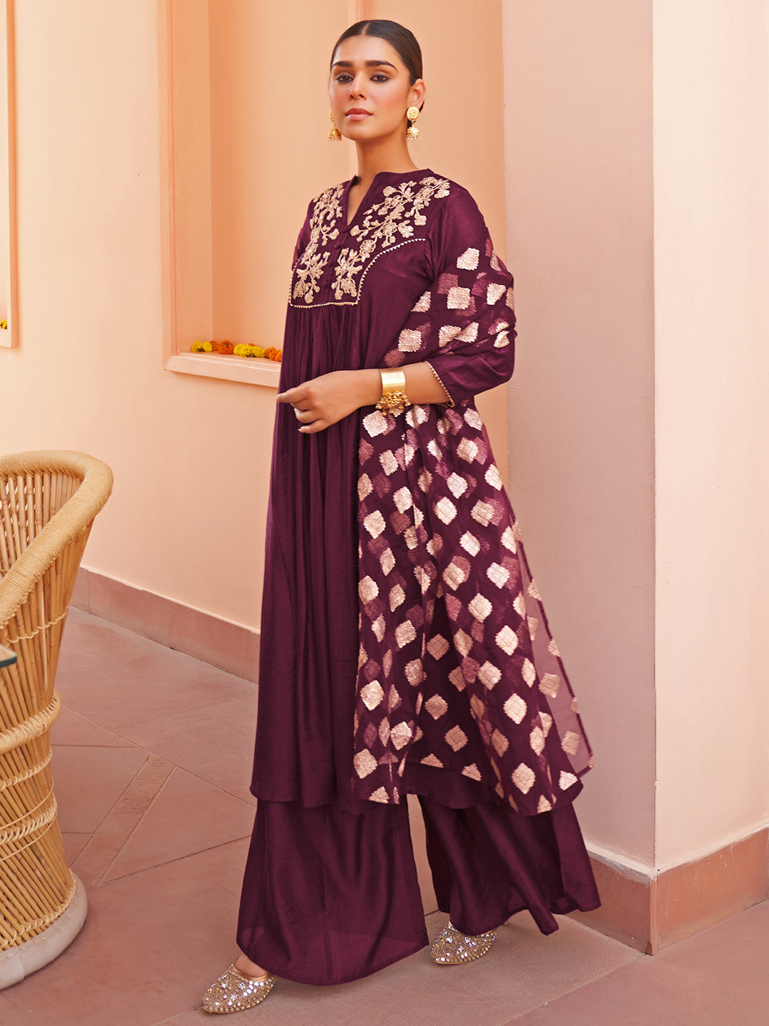 Janasya Women's Purple Chanderi Embellished Festive A-line Kurta Set | Swadesiicart
