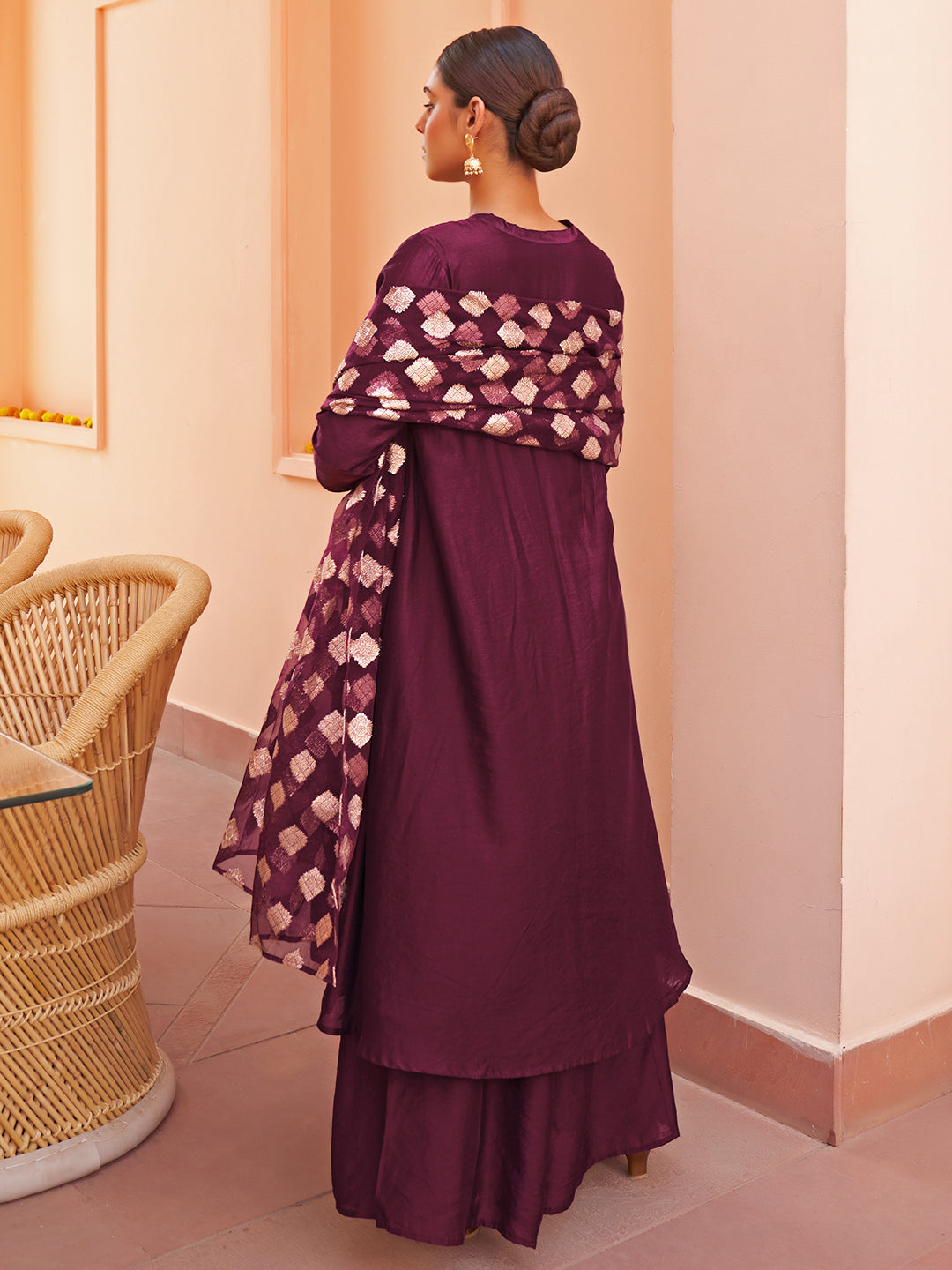 Janasya Women's Purple Chanderi Embellished Festive A-line Kurta Set | Swadesiicart