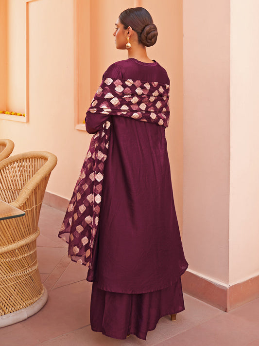 Janasya Women's Purple Chanderi Embellished Festive A-line Kurta Set | Swadesiicart