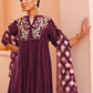 Janasya Women's Purple Chanderi Embellished Festive A-line Kurta Set | Swadesiicart
