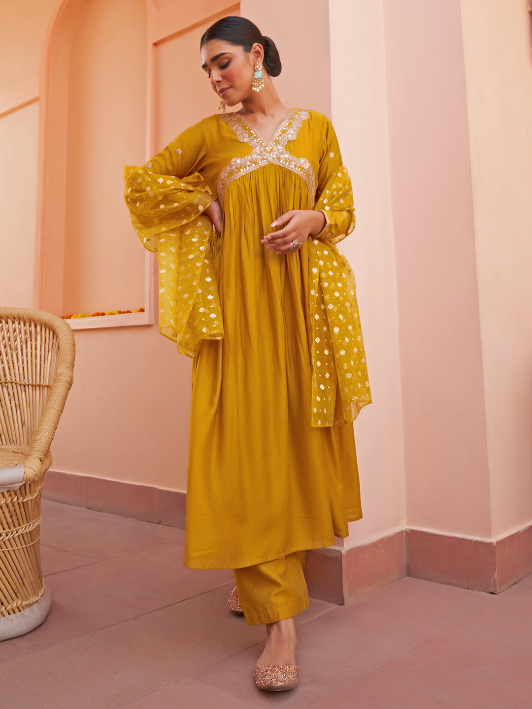 Janasya Women's Mustard Chanderi Emabellished Festive A-line Kurta Set | Swadesiicart