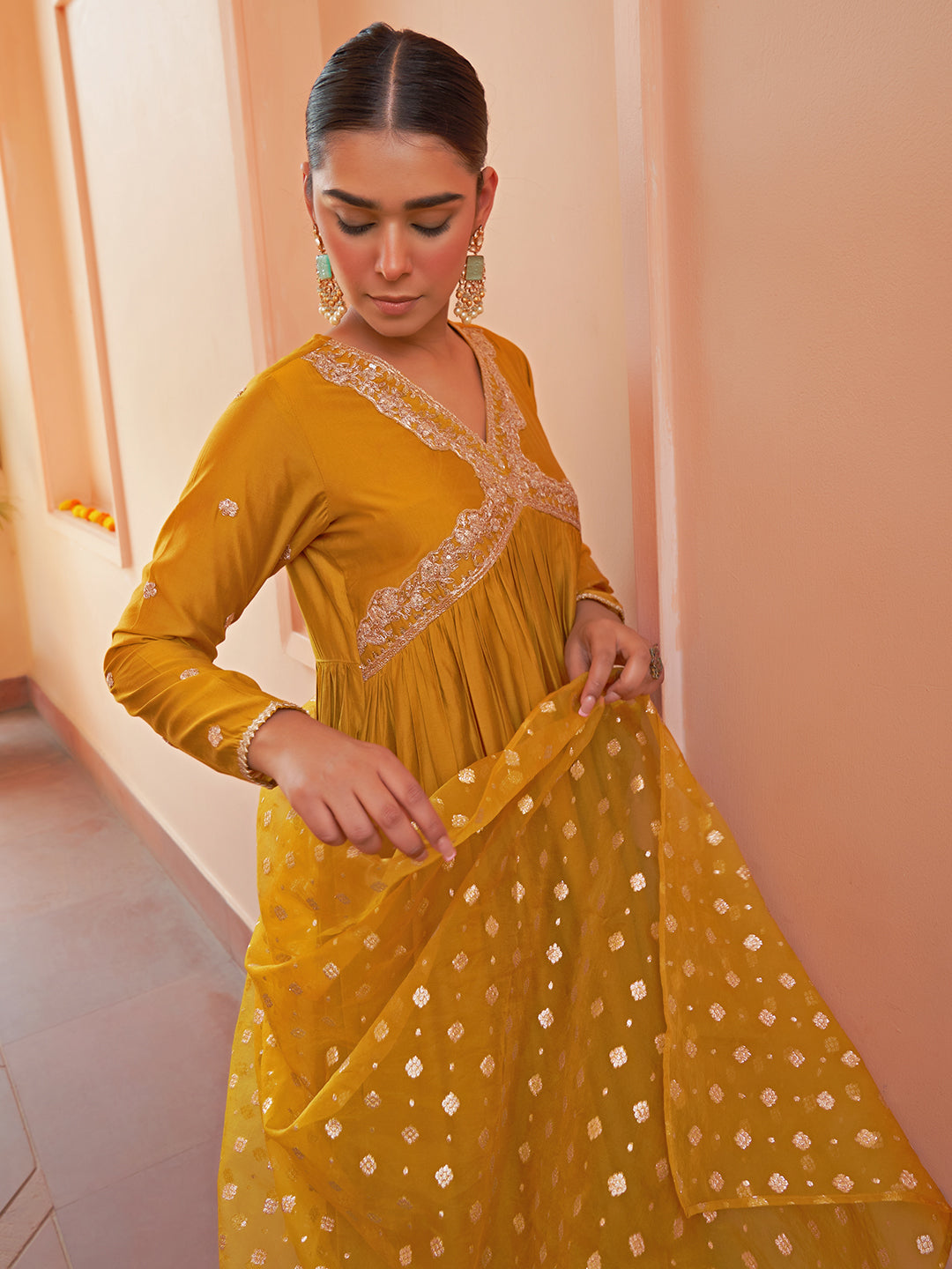 Janasya Women's Mustard Chanderi Emabellished Festive A-line Kurta Set | Swadesiicart