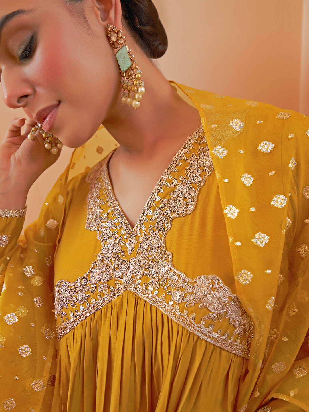 Janasya Women's Mustard Chanderi Emabellished Festive A-line Kurta Set | Swadesiicart