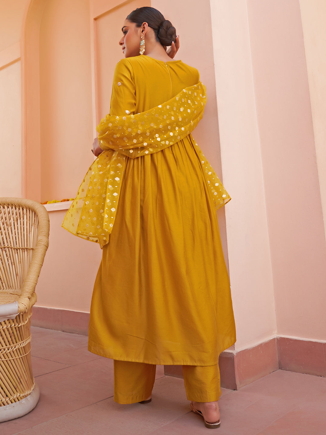 Janasya Women's Mustard Chanderi Emabellished Festive A-line Kurta Set | Swadesiicart
