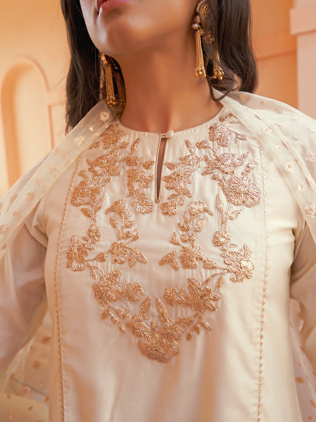 Janasya Women's Off White Chanderi Yoke Embroidery Festive Straight Kurta Set | Swadesiicart