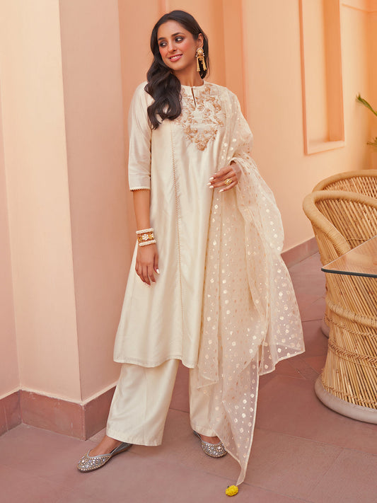 Janasya Women's Off White Chanderi Yoke Embroidery Festive Straight Kurta Set | Swadesiicart