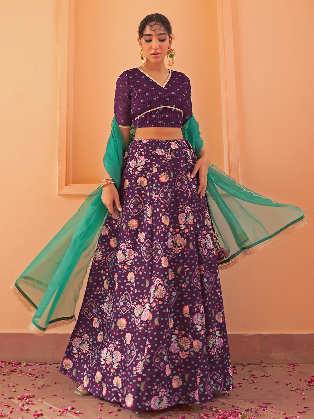 Janasya Purple Georgette Digital Floral Printed Festive Lehenga Choli | Swadesiicart