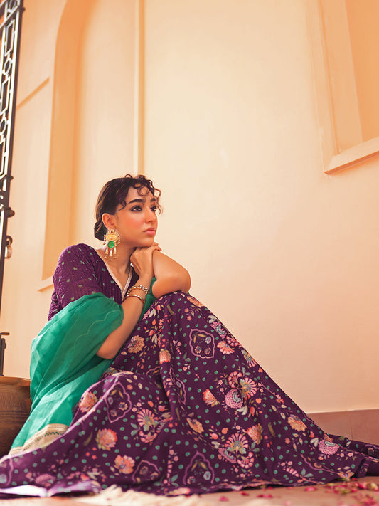 Janasya Purple Georgette Digital Floral Printed Festive Lehenga Choli | Swadesiicart