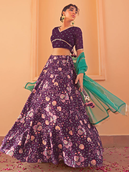 Janasya Purple Georgette Digital Floral Printed Festive Lehenga Choli | Swadesiicart