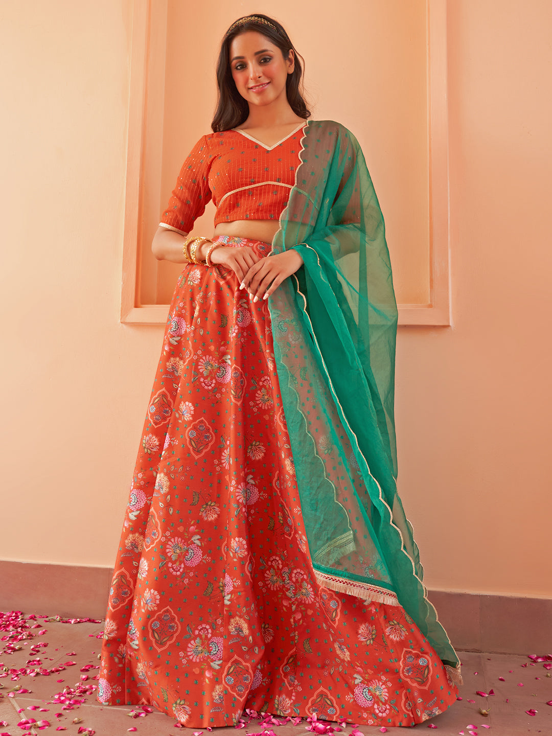Janasya Orange Georgette Digital Floral Printed Festive Lehenga Choli | Swadesiicart