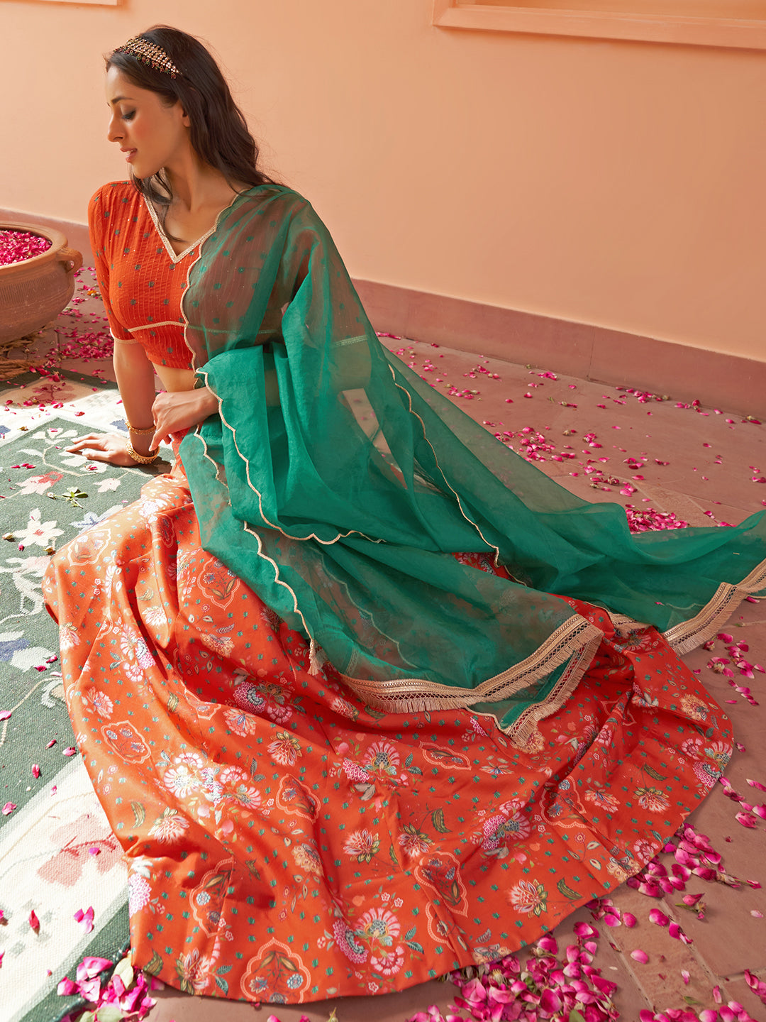 Janasya Orange Georgette Digital Floral Printed Festive Lehenga Choli | Swadesiicart