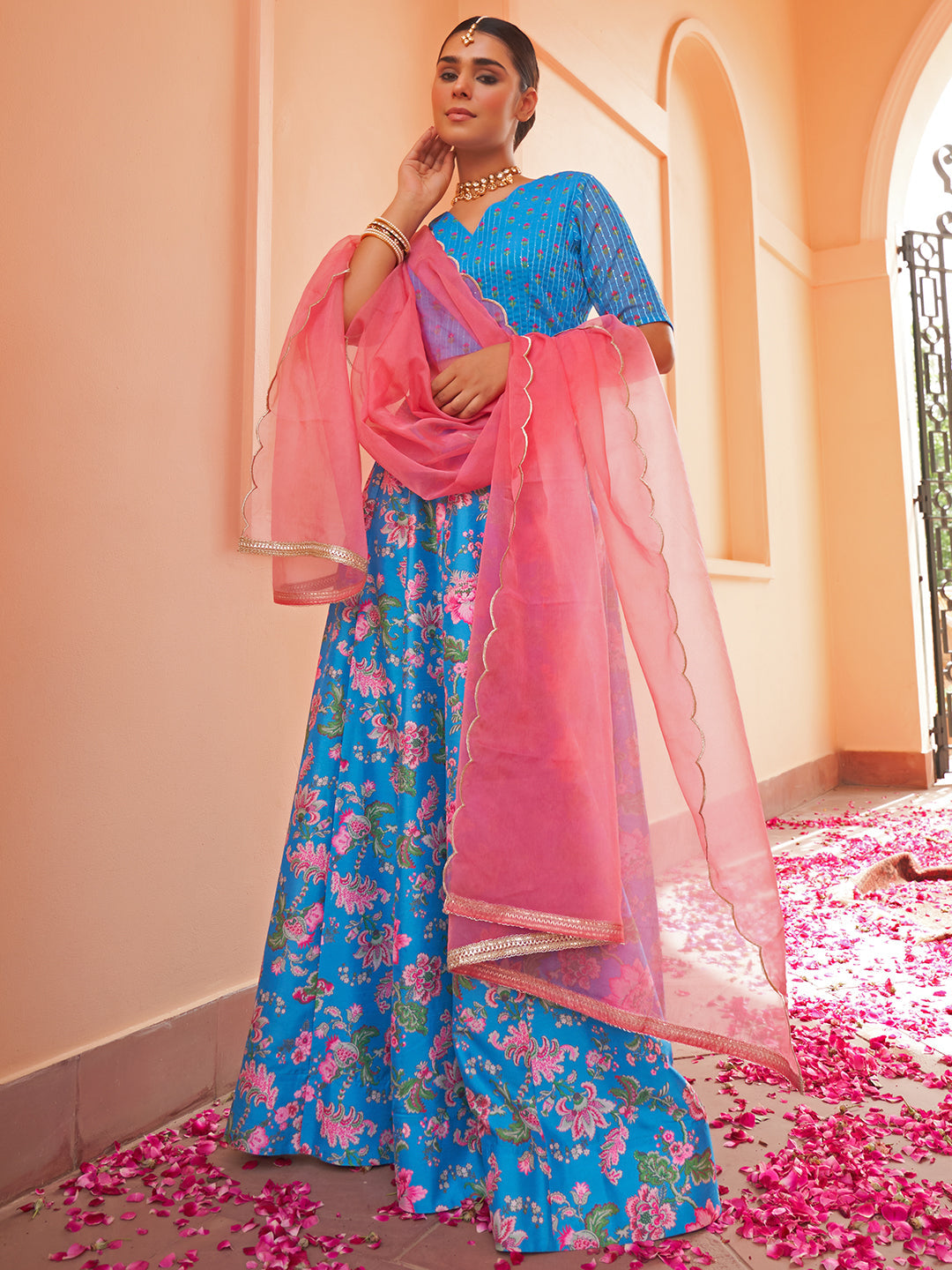 Janasya Blue Georgette Digital Floral Printed Festive Lehenga Choli | Swadesiicart