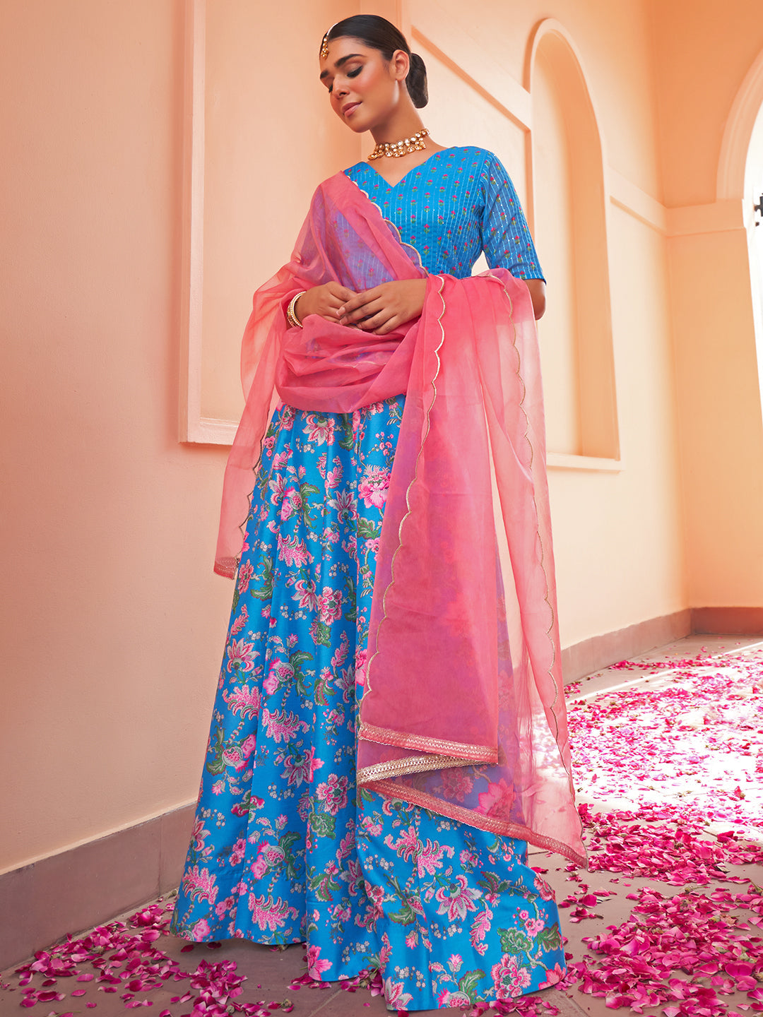 Janasya Blue Georgette Digital Floral Printed Festive Lehenga Choli | Swadesiicart