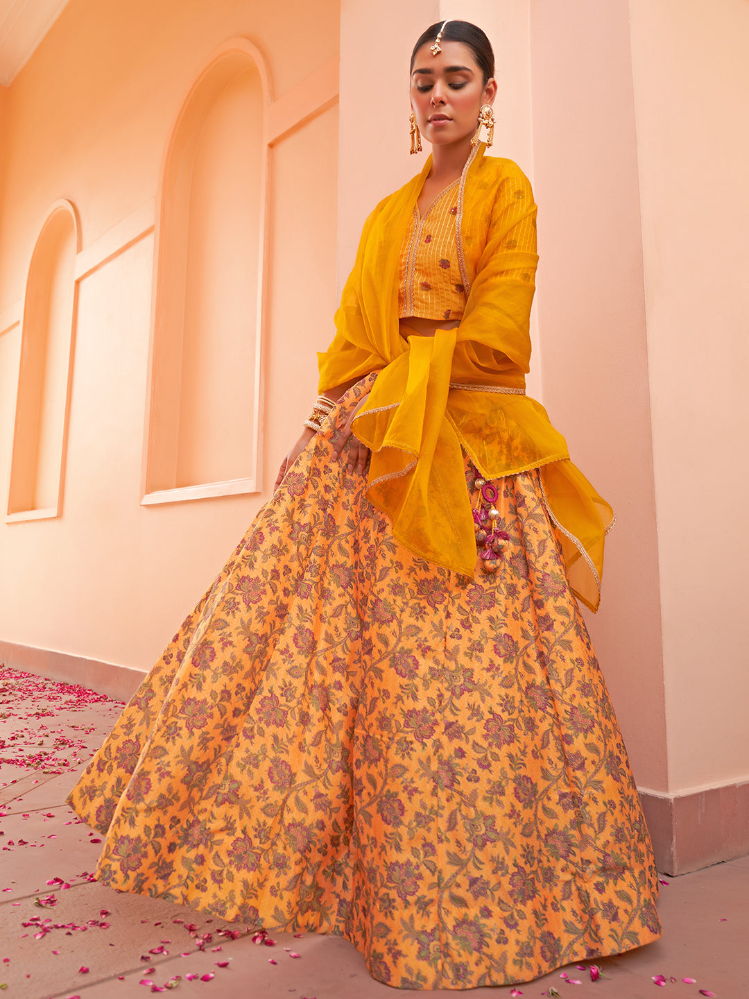 Janasya Mustard Georgette Digital Floral Printed Festive Lehenga Choli | Swadesiicart