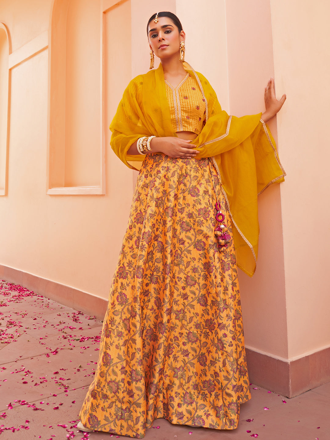 Janasya Mustard Georgette Digital Floral Printed Festive Lehenga Choli | Swadesiicart