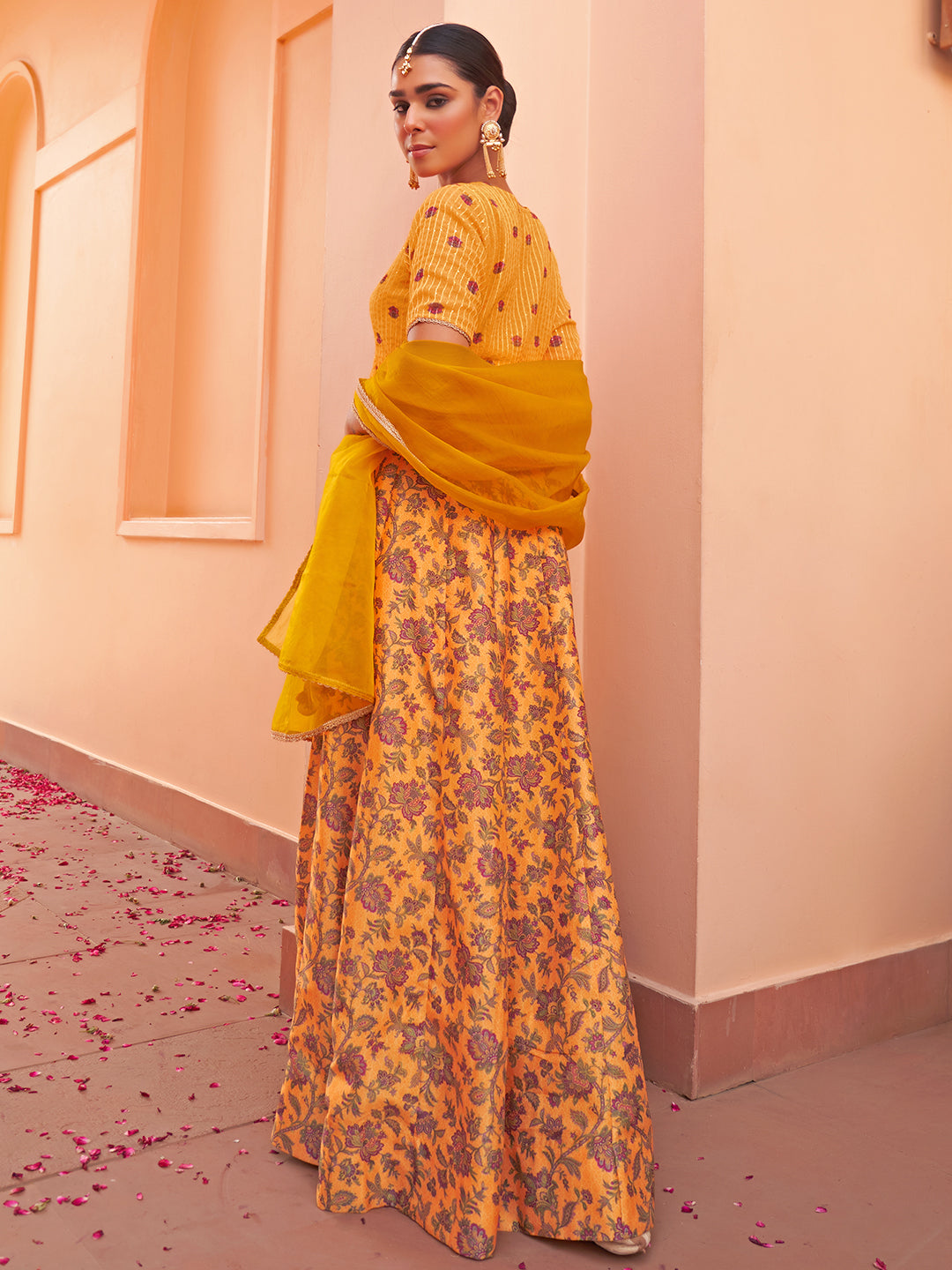 Janasya Mustard Georgette Digital Floral Printed Festive Lehenga Choli | Swadesiicart