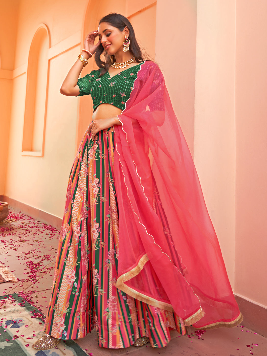 Janasya Green Georgette Digital Floral Printed Festive Lehenga Choli | Swadesiicart