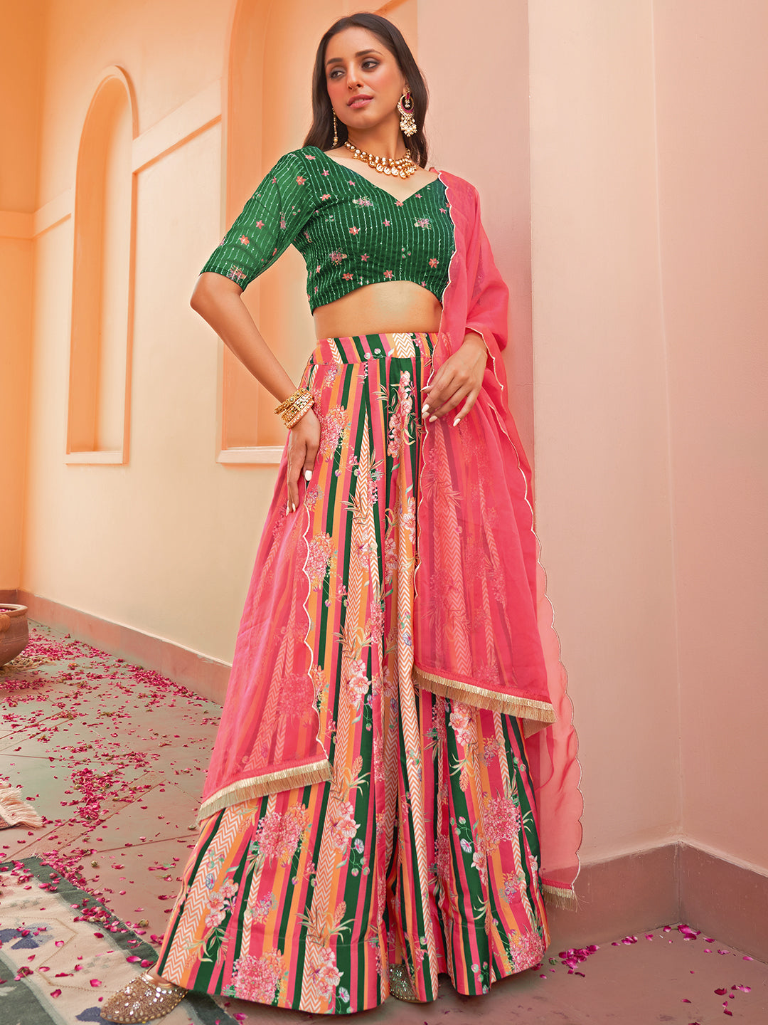 Janasya Green Georgette Digital Floral Printed Festive Lehenga Choli | Swadesiicart