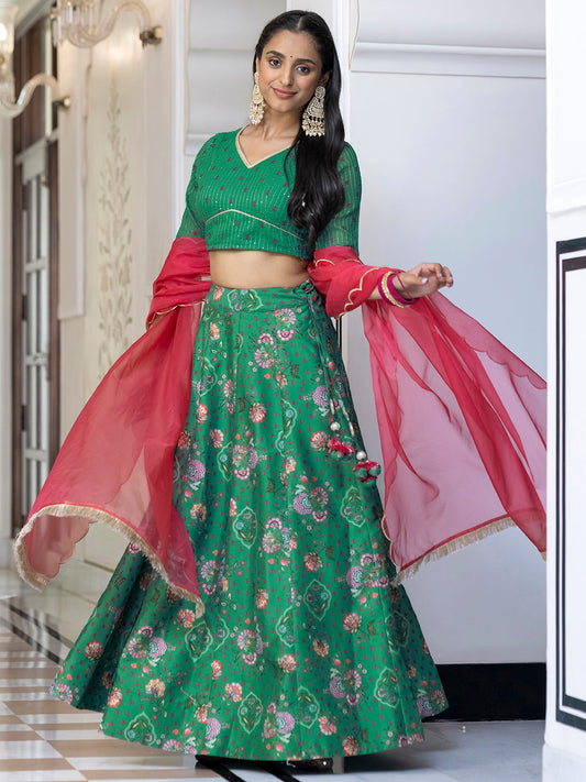 Janasya Green Georgette Digital Floral Printed Festive Lehenga Choli | Swadesiicart