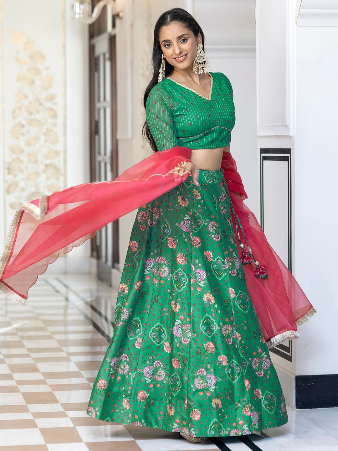 Janasya Green Georgette Digital Floral Printed Festive Lehenga Choli | Swadesiicart