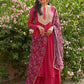 Janasya Women's Pink Georgette Foil Motif Printed Festive Gathered Kurta Set | Swadesiicart