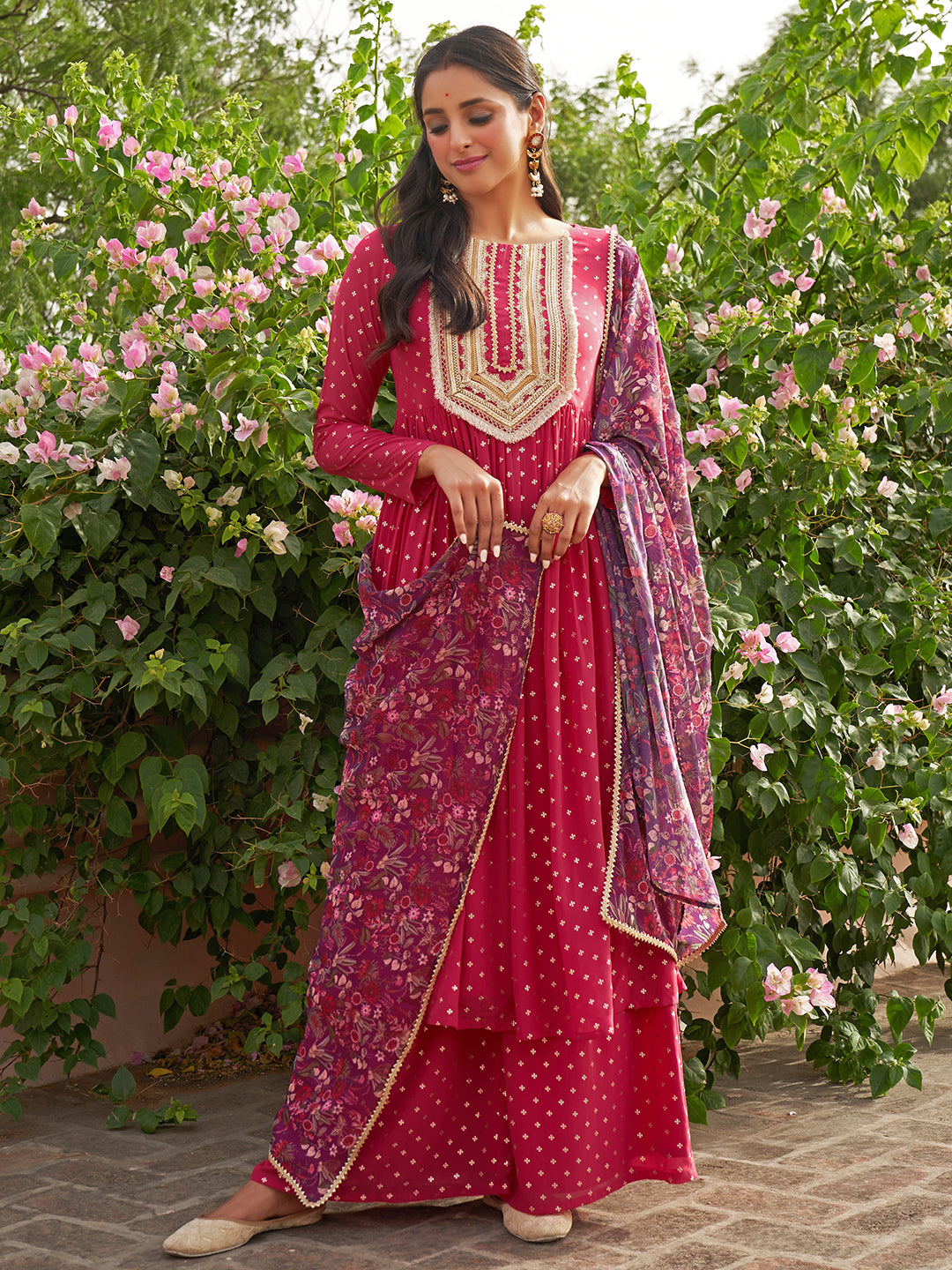 Janasya Women's Pink Georgette Foil Motif Printed Festive Gathered Kurta Set | Swadesiicart