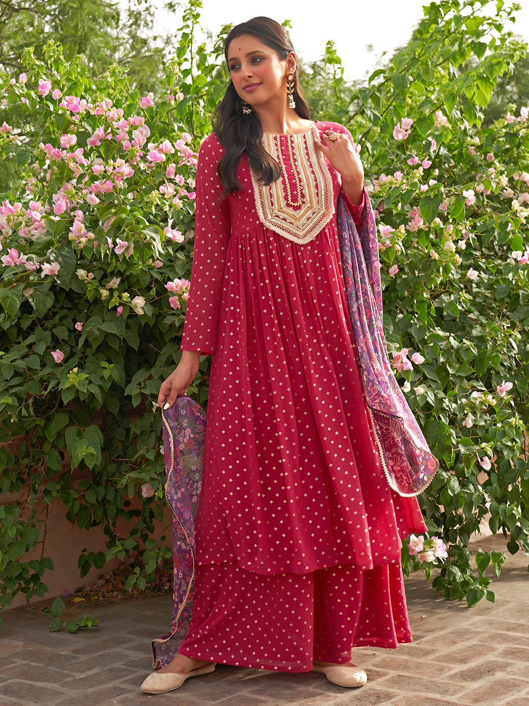 Janasya Women's Pink Georgette Foil Motif Printed Festive Gathered Kurta Set | Swadesiicart