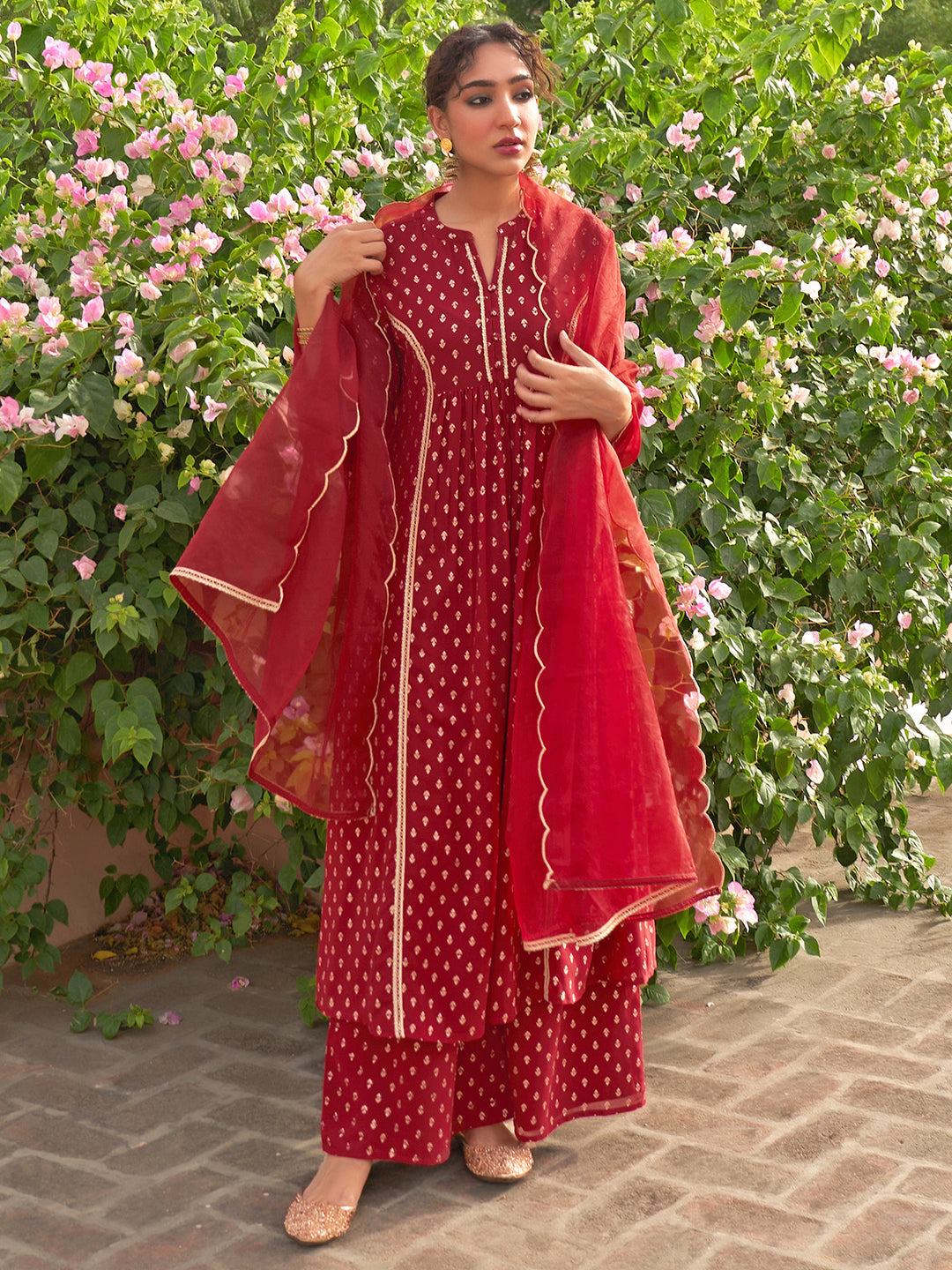 Janasya Women's Maroon Georgette Foil Motif Printed Festive A-line Kurta Set | Swadesiicart