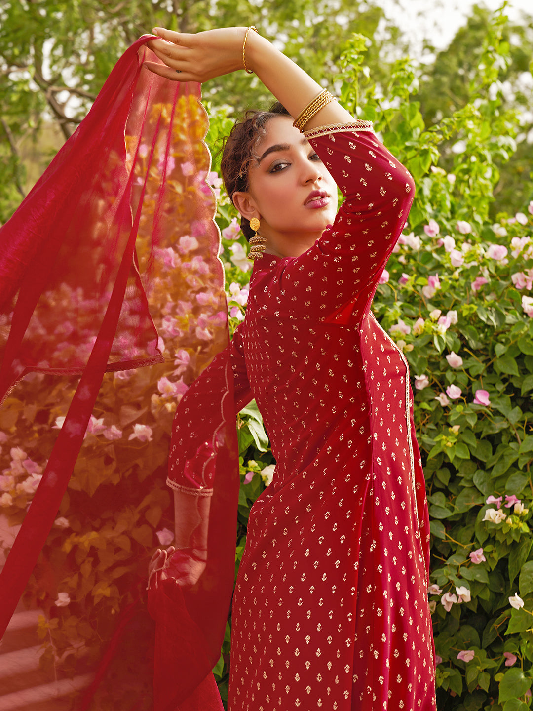 Janasya Women's Maroon Georgette Foil Motif Printed Festive A-line Kurta Set | Swadesiicart