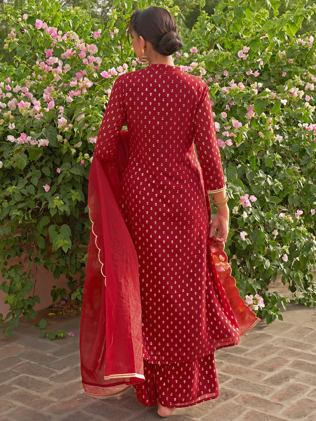 Janasya Women's Maroon Georgette Foil Motif Printed Festive A-line Kurta Set | Swadesiicart