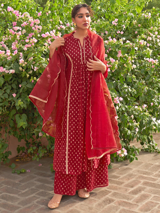 Janasya Women's Maroon Georgette Foil Motif Printed Festive A-line Kurta Set | Swadesiicart