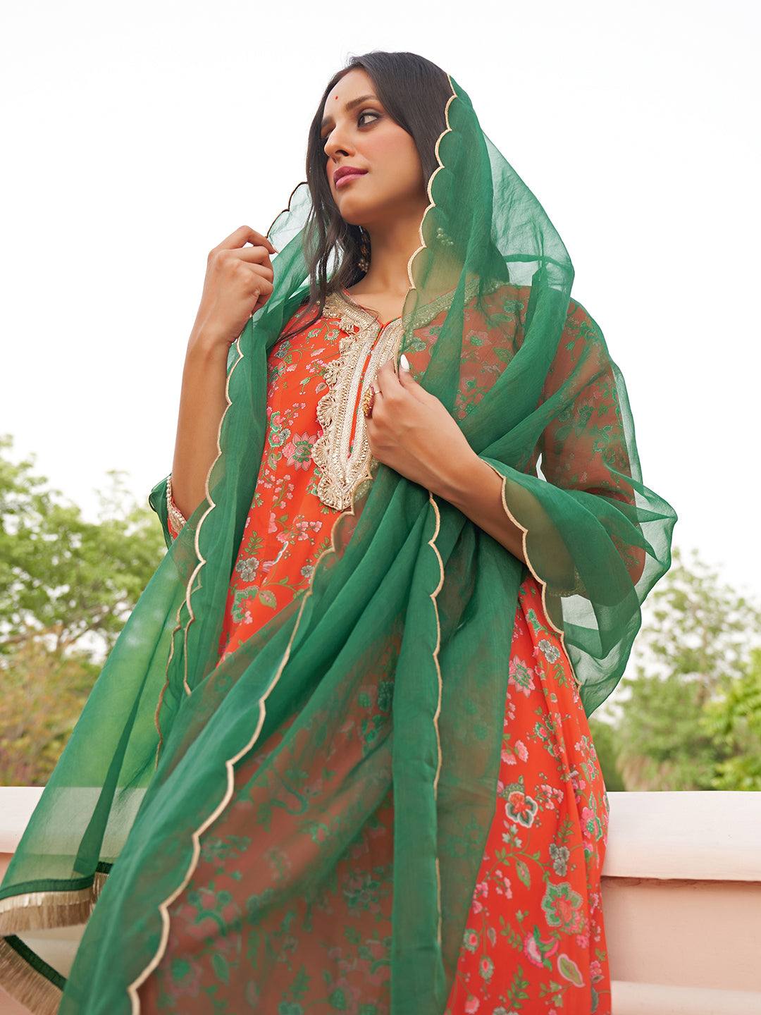 Janasya Women's Orange Georgette Botanical Printed Festive A-line Kurta Set | Swadesiicart