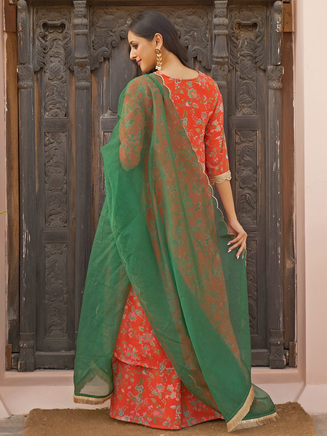Janasya Women's Orange Georgette Botanical Printed Festive A-line Kurta Set | Swadesiicart