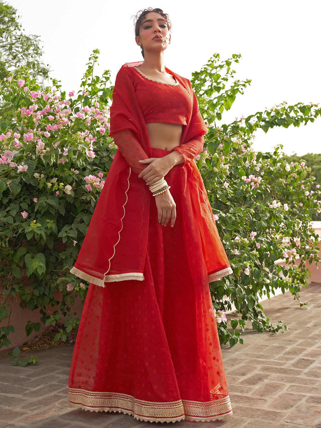 Janasya Red Organza Woven Design Festive Lehenga Choli | Swadesiicart