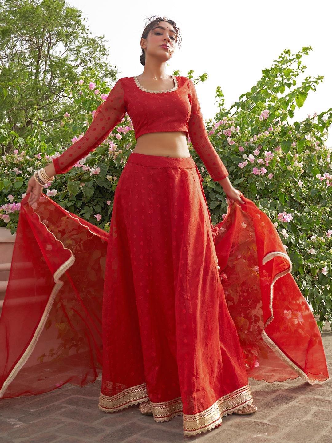 Janasya Red Organza Woven Design Festive Lehenga Choli | Swadesiicart