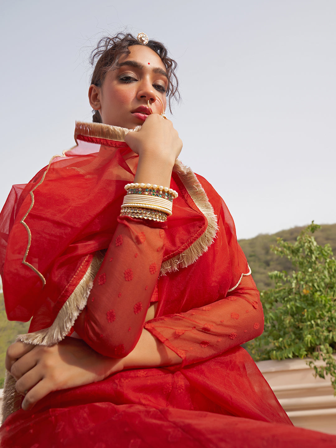 Janasya Red Organza Woven Design Festive Lehenga Choli | Swadesiicart