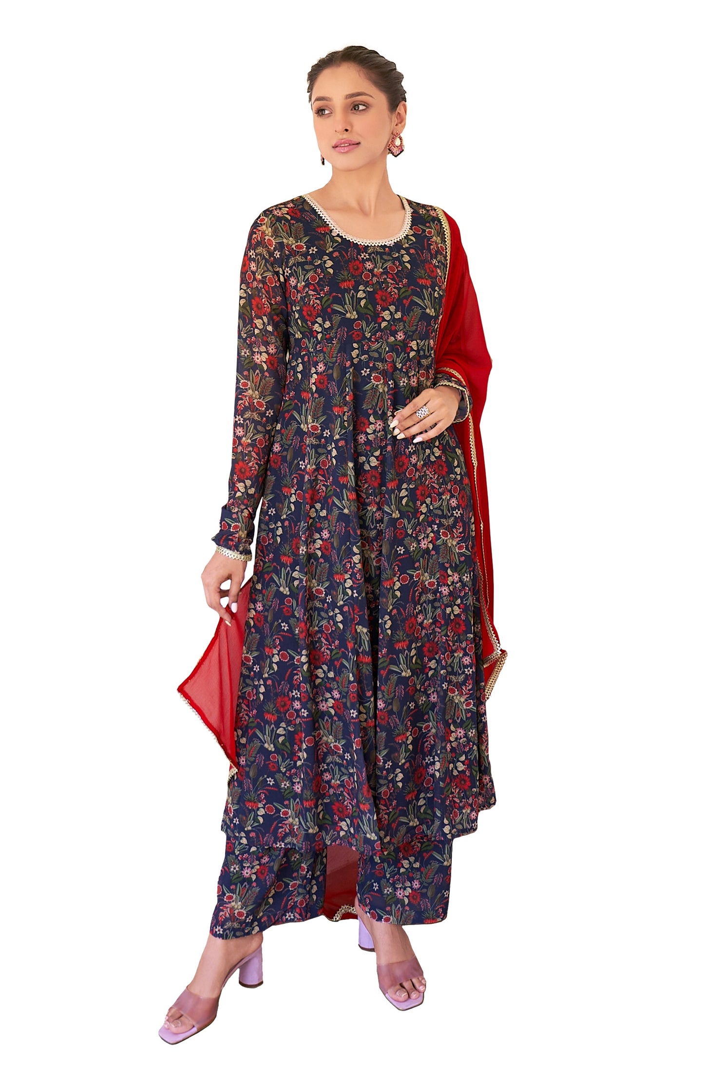 Janasya Dark Teal Blue Georgette Digital Floral Printed Set | Swadesiicart