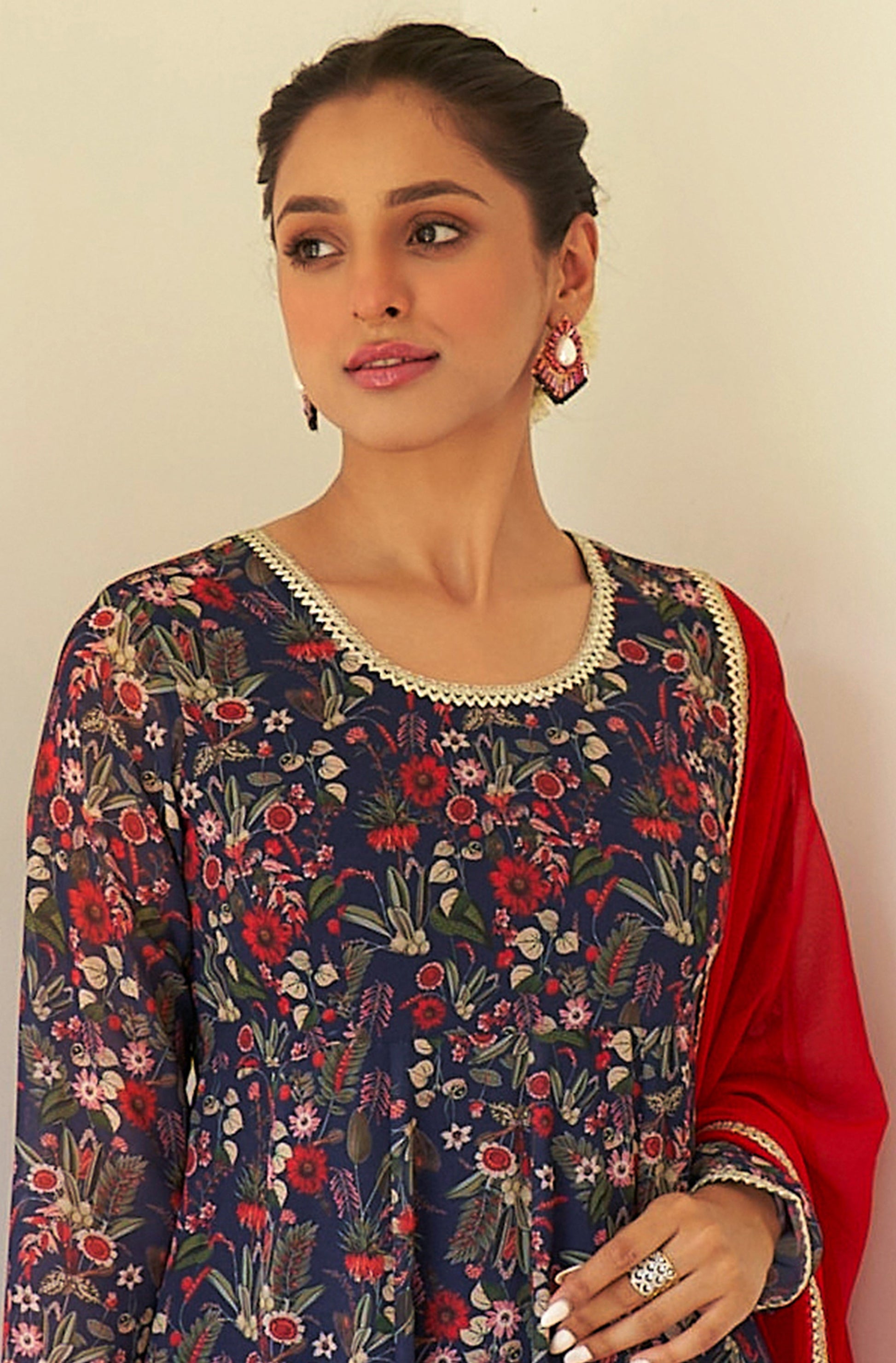 Janasya Dark Teal Blue Georgette Digital Floral Printed Set | Swadesiicart