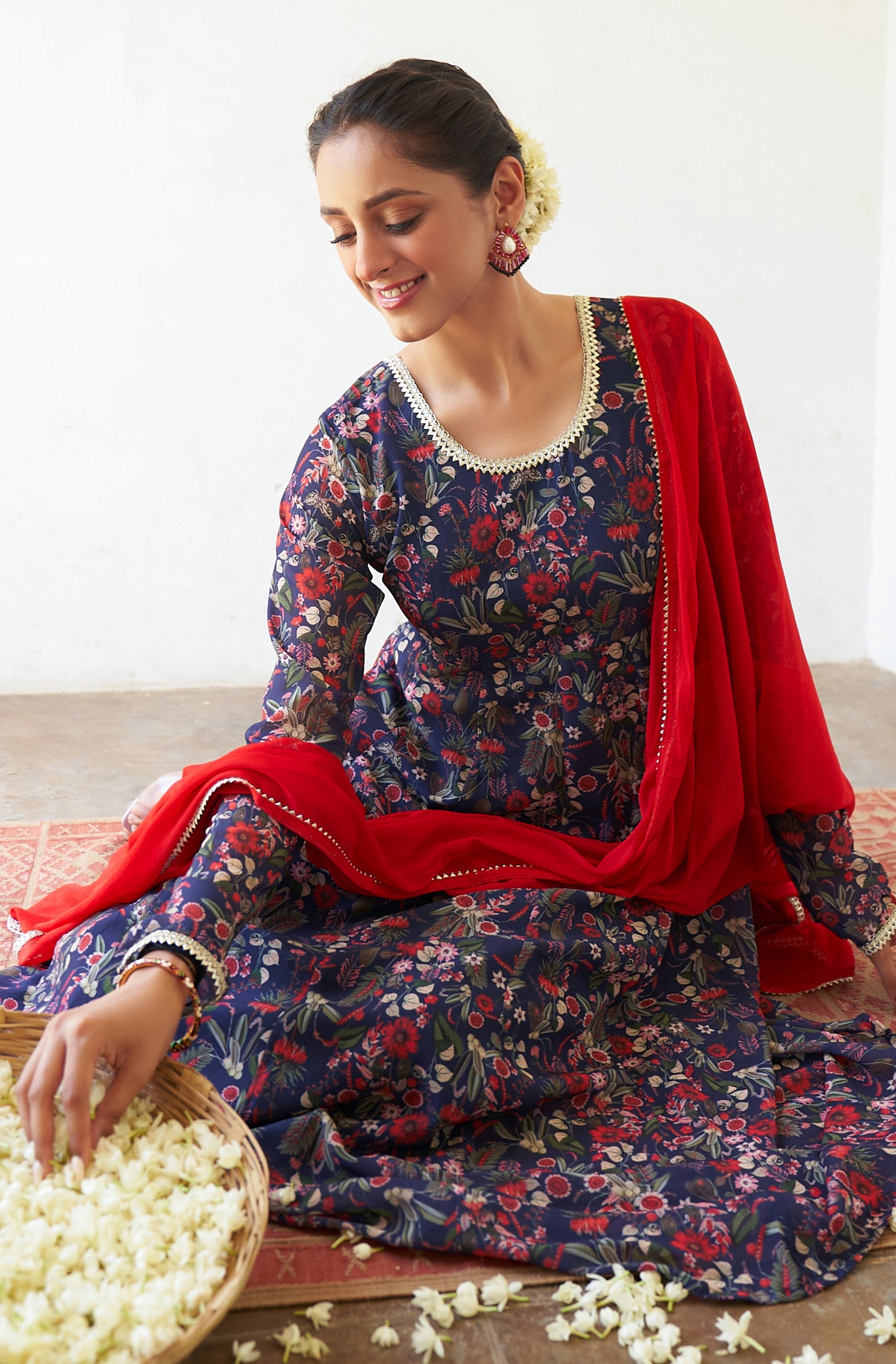 Janasya Dark Teal Blue Georgette Digital Floral Printed Set | Swadesiicart