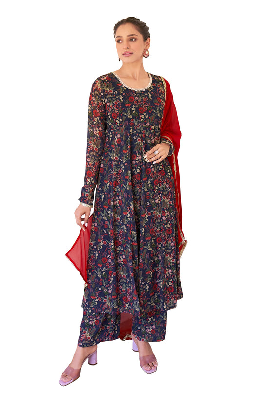 Janasya Dark Teal Blue Georgette Digital Floral Printed Set | Swadesiicart