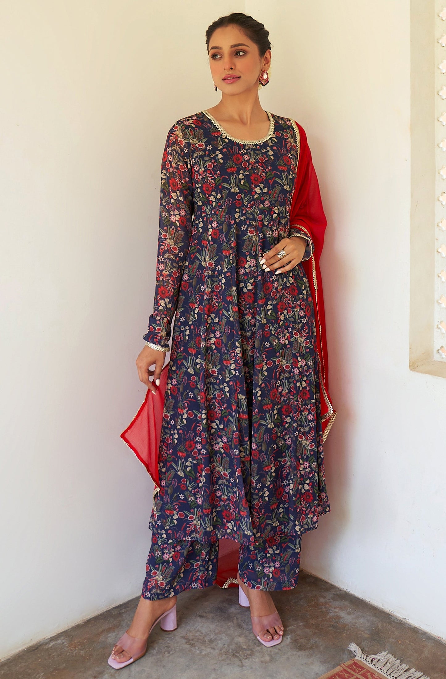Janasya Dark Teal Blue Georgette Digital Floral Printed Set | Swadesiicart