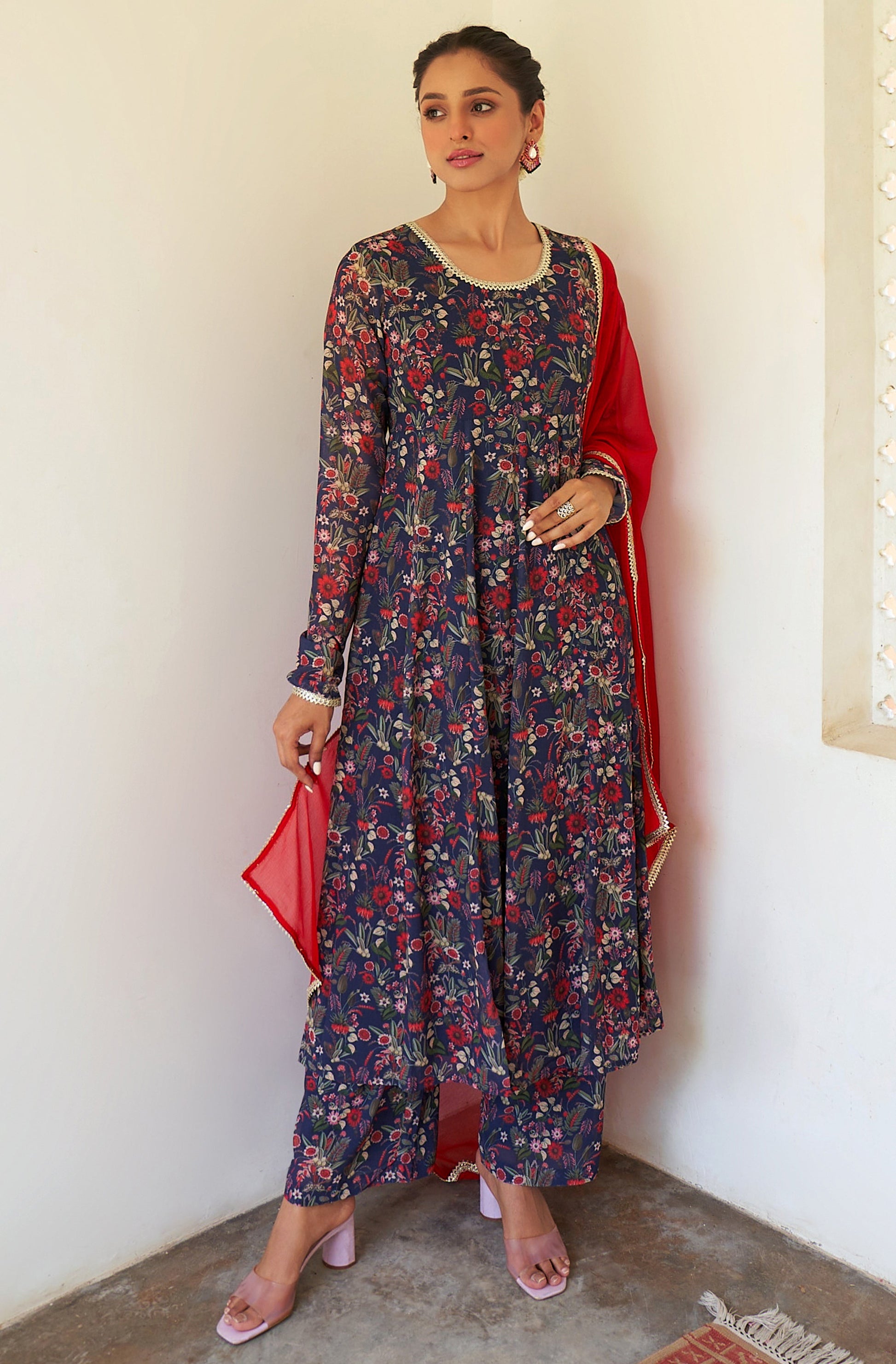 Janasya Dark Teal Blue Georgette Digital Floral Printed Set | Swadesiicart
