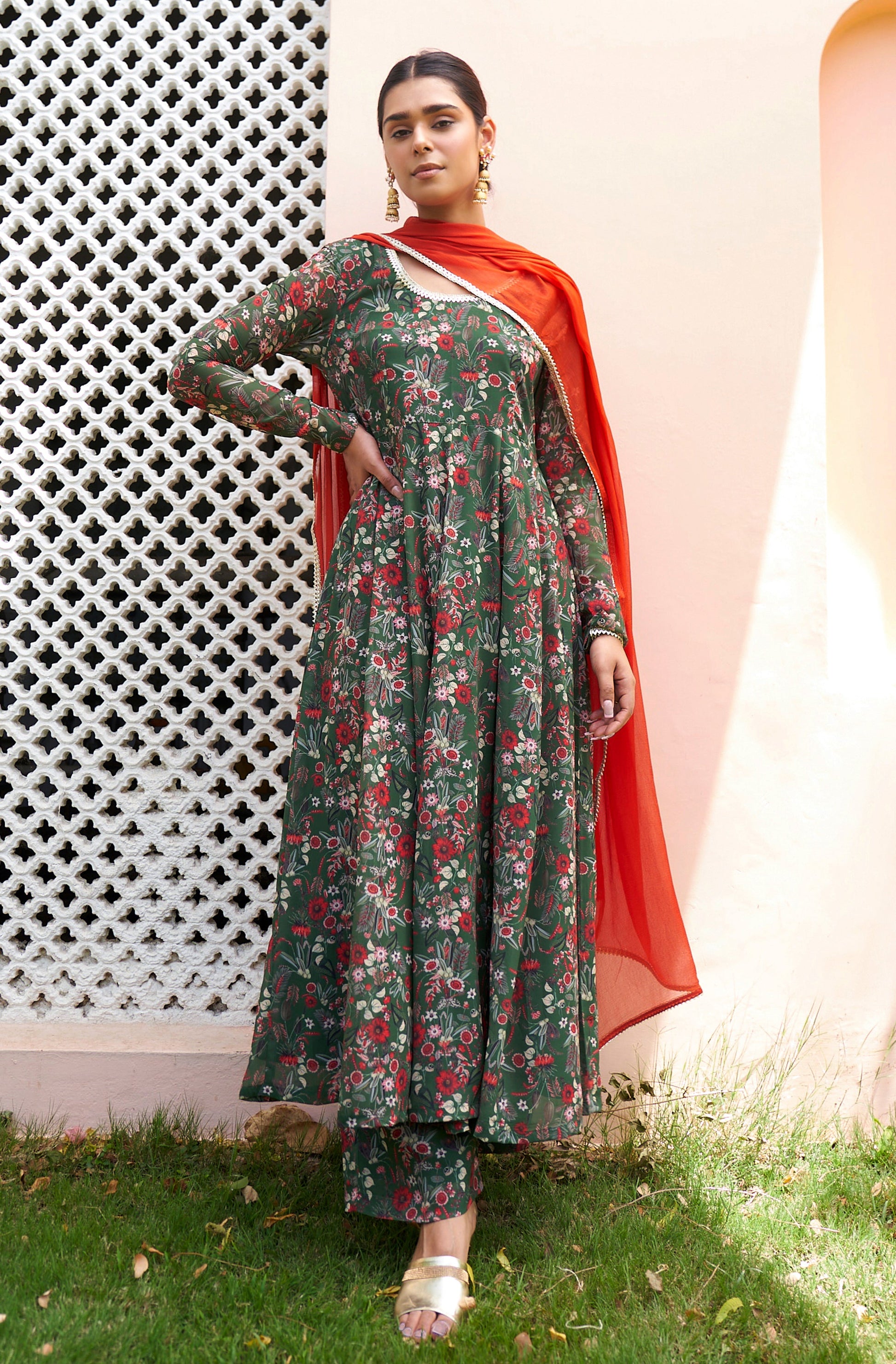 Janasya Bottle Green Georgette Digital Floral Printed Set | Swadesiicart