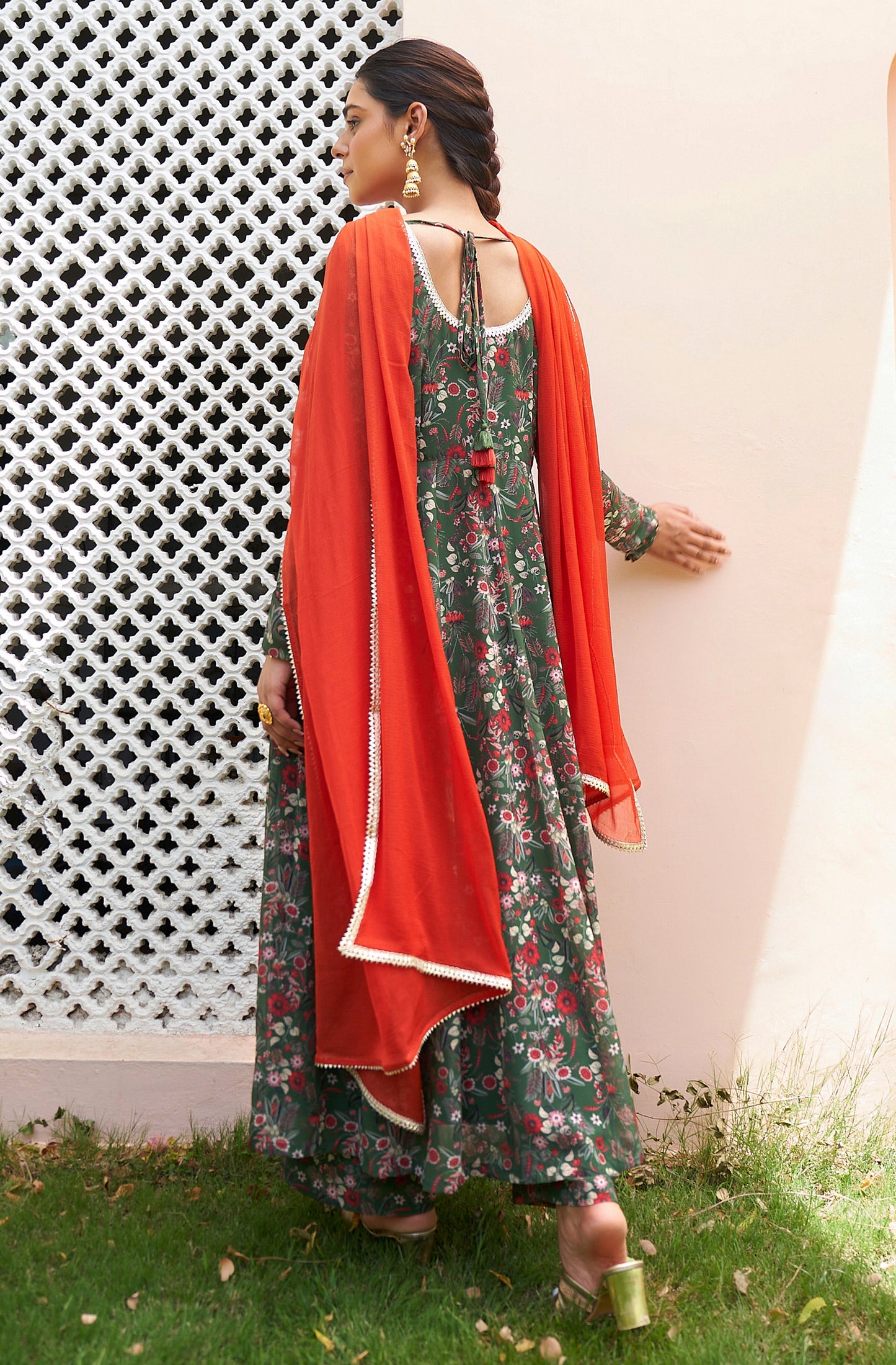 Janasya Bottle Green Georgette Digital Floral Printed Set | Swadesiicart
