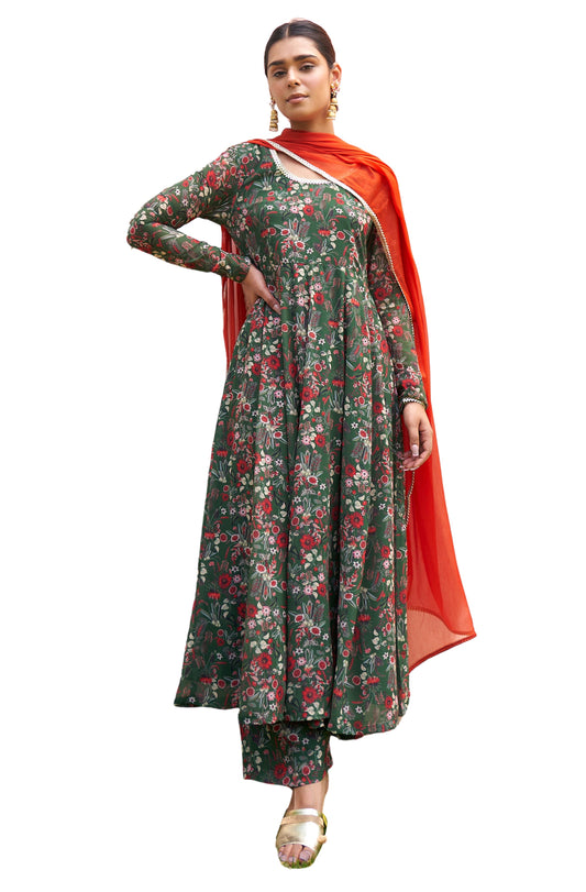 Janasya Bottle Green Georgette Digital Floral Printed Set | Swadesiicart