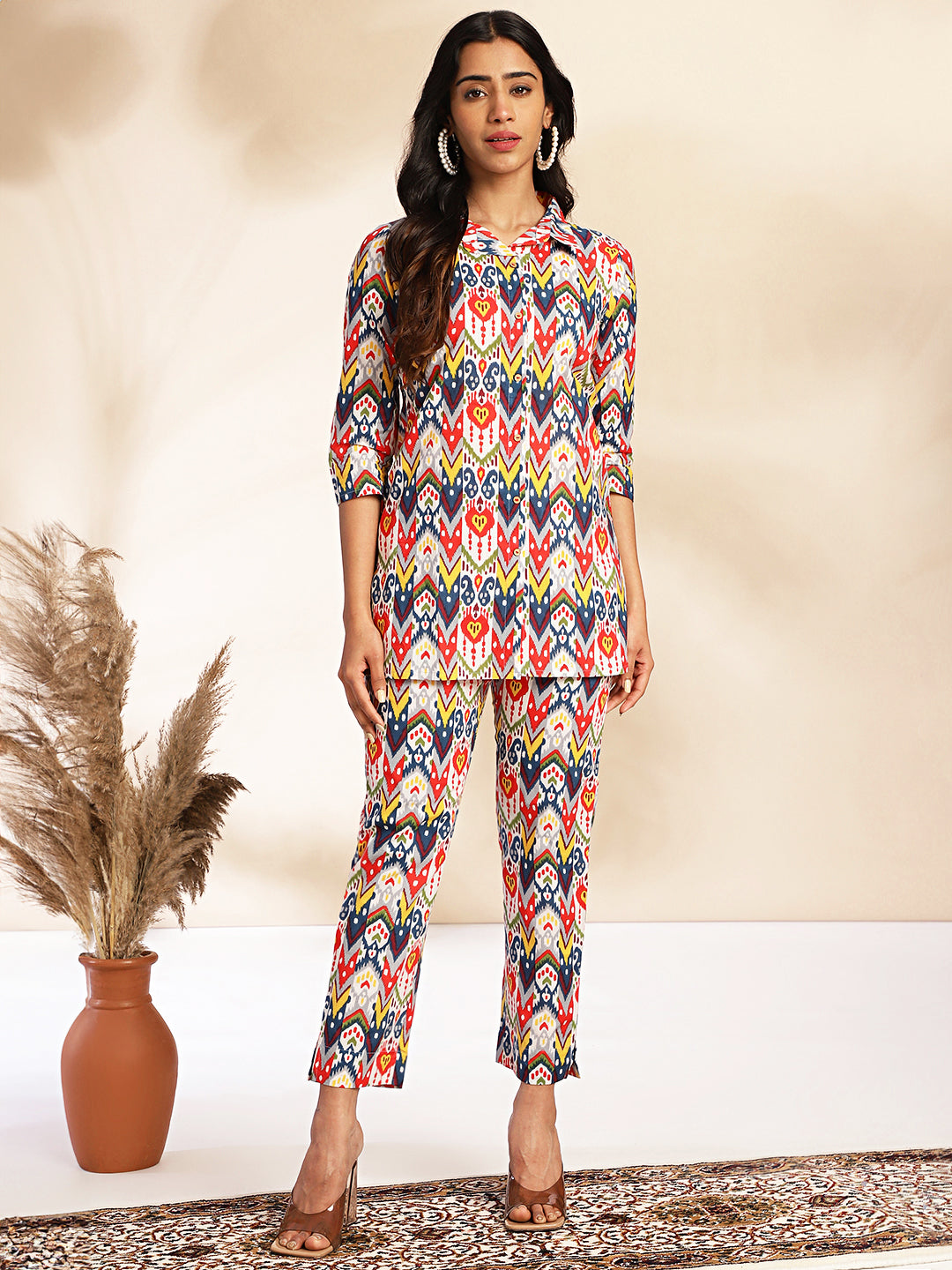 Janasya Multicolor Cotton Ikat Printed Set | Swadesiicart