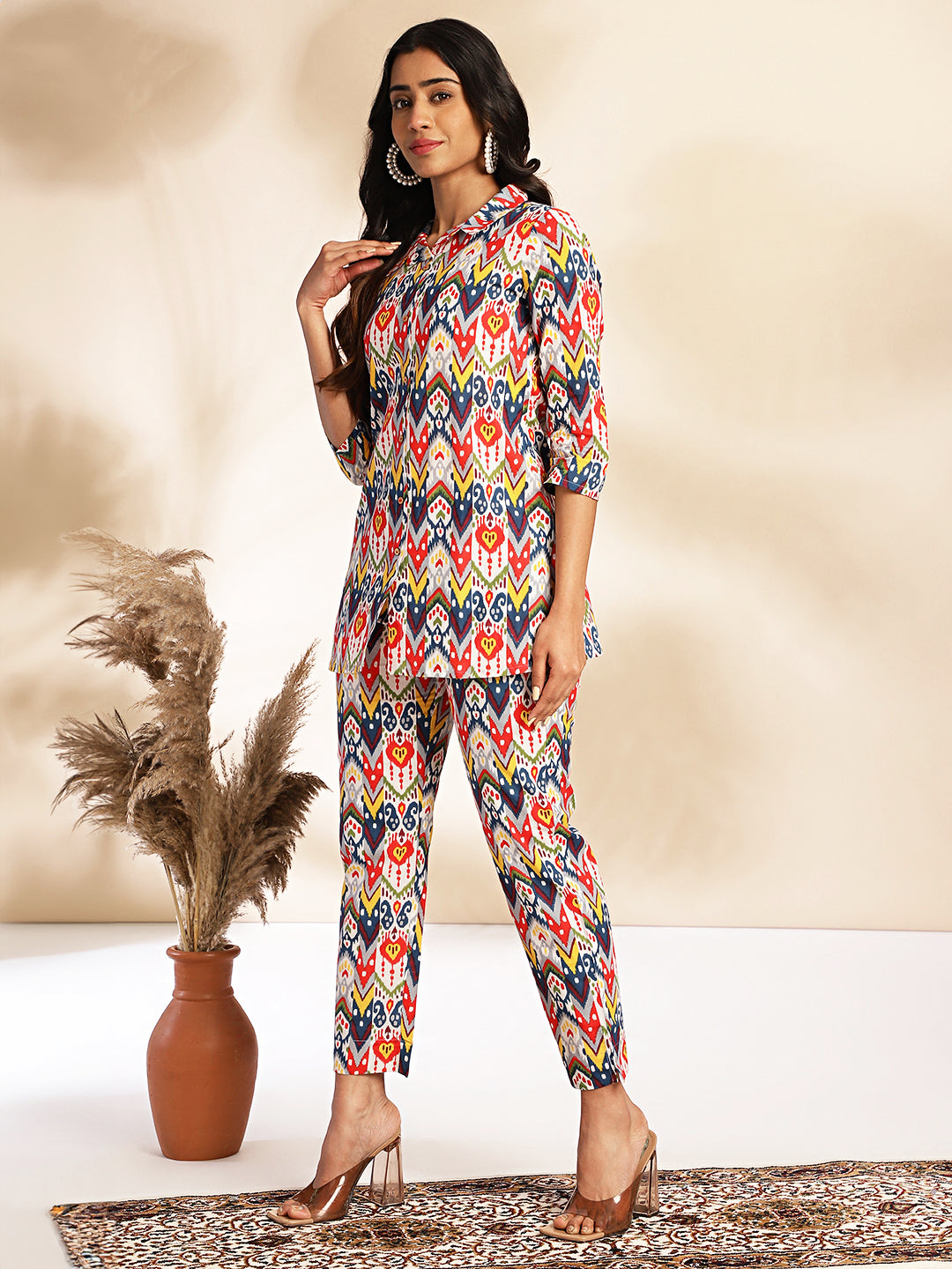 Janasya Multicolor Cotton Ikat Printed Set | Swadesiicart