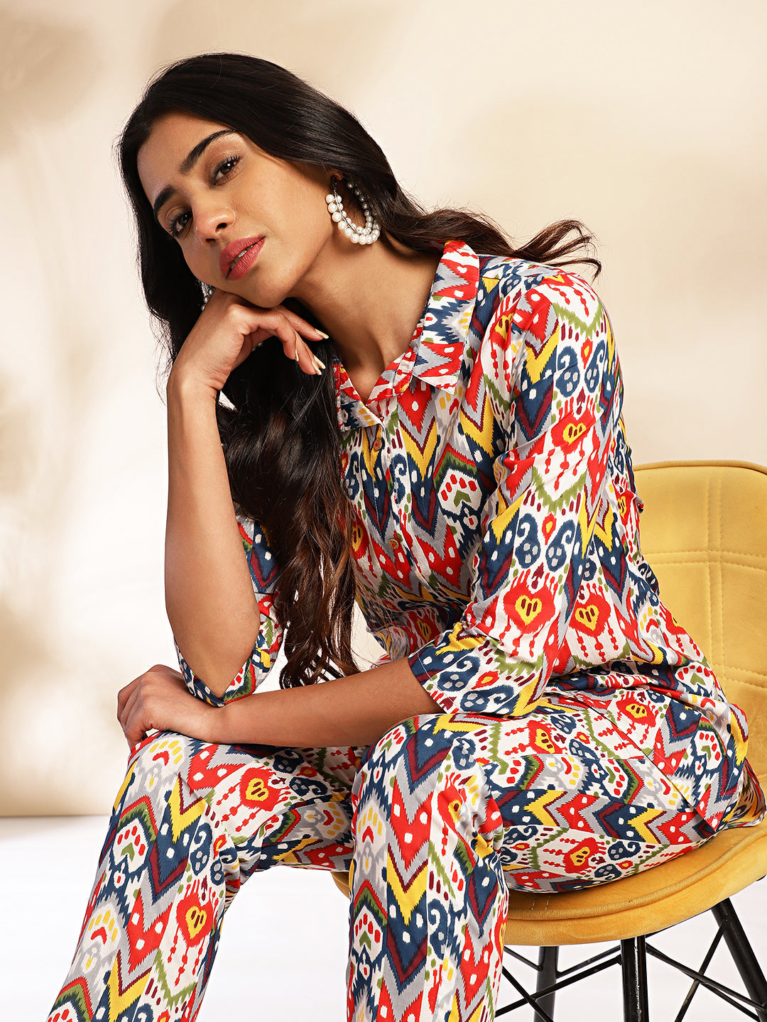 Janasya Multicolor Cotton Ikat Printed Set | Swadesiicart